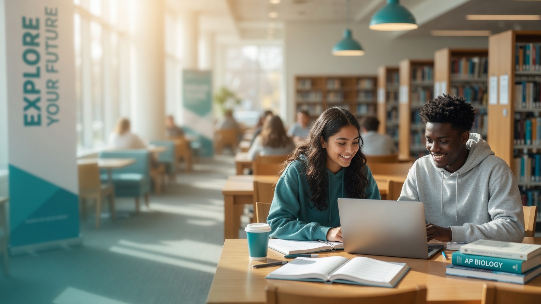 Two students studying together with a laptop and AP Biology books in a sunlit library