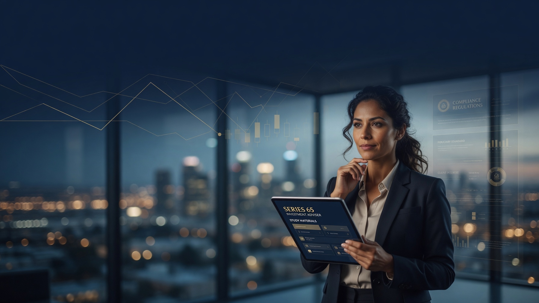 Investment professional reviewing Series 65 study materials on a tablet against a city skyline