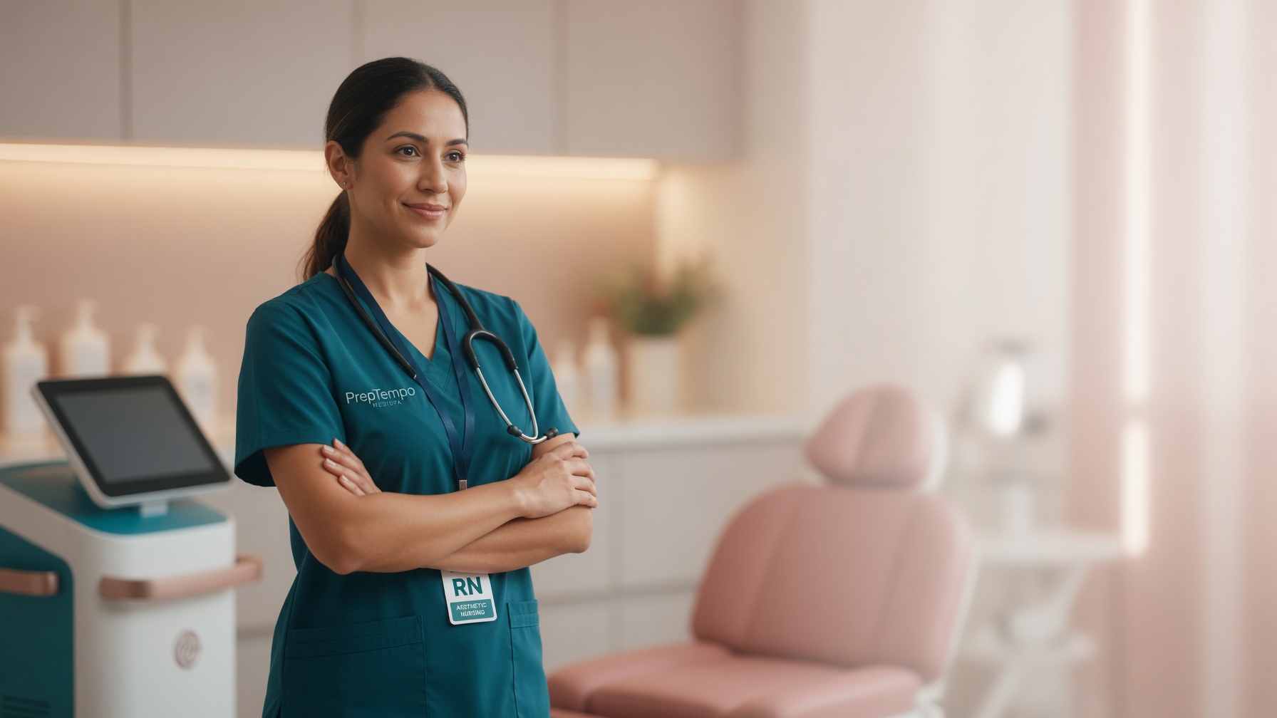 Confident registered nurse in PrepTempo scrubs standing in a modern clinic