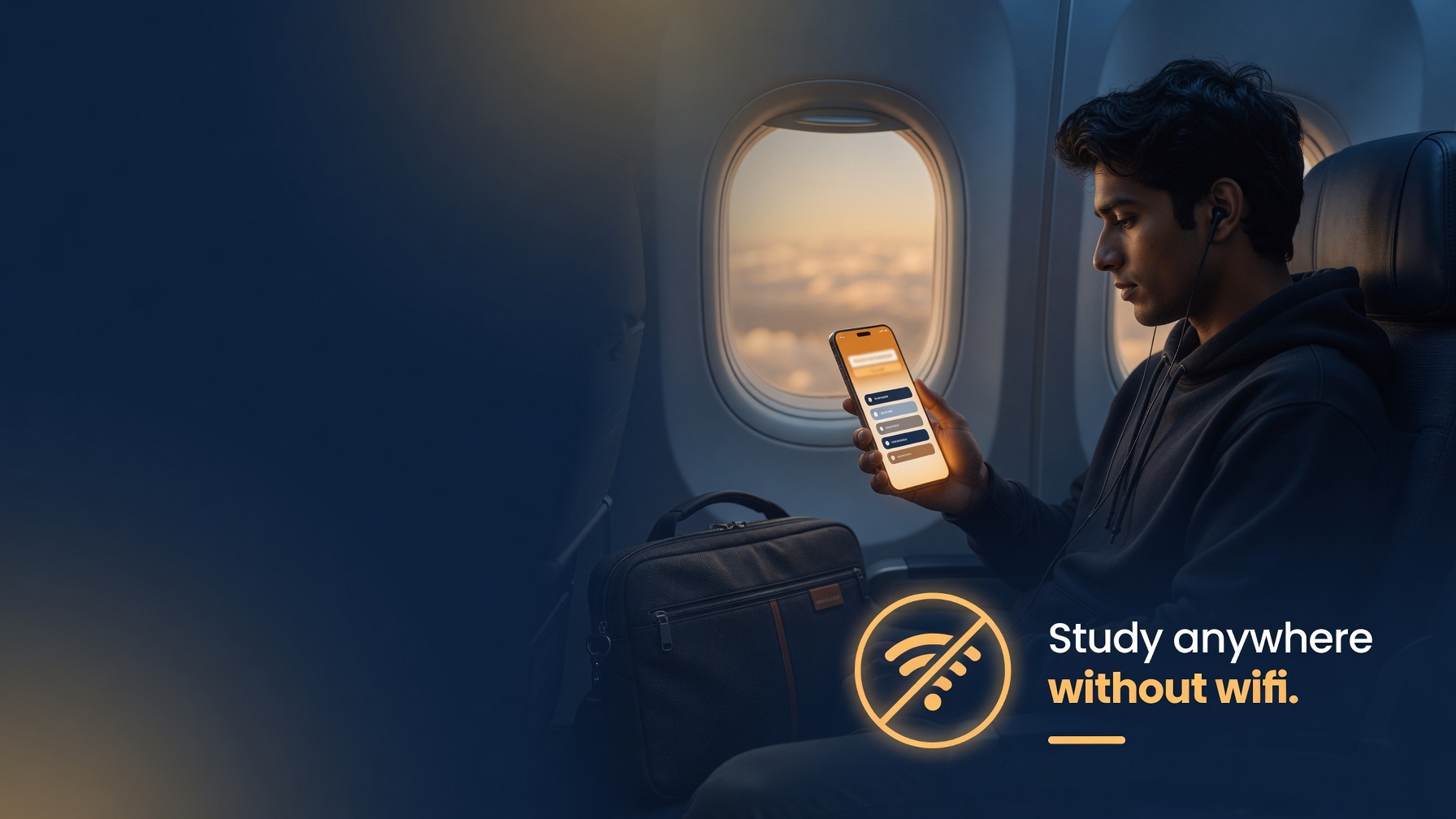 Traveler studying offline on a phone during a flight, with no-wifi messaging