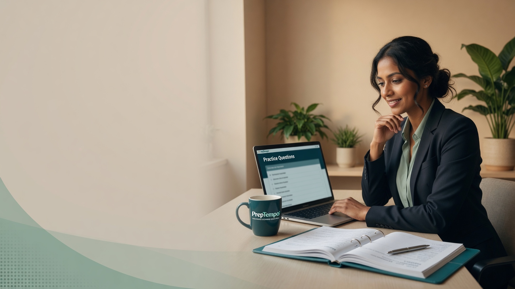 Professional studying PrepTempo practice questions on a laptop at a bright desk