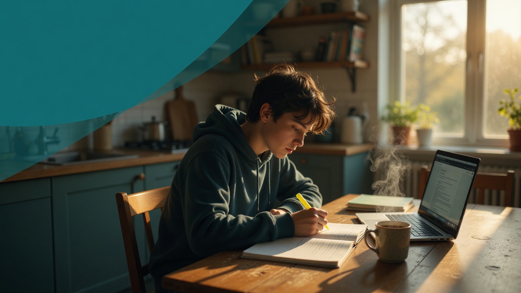 Teen student writing notes beside a laptop at a sunlit kitchen table